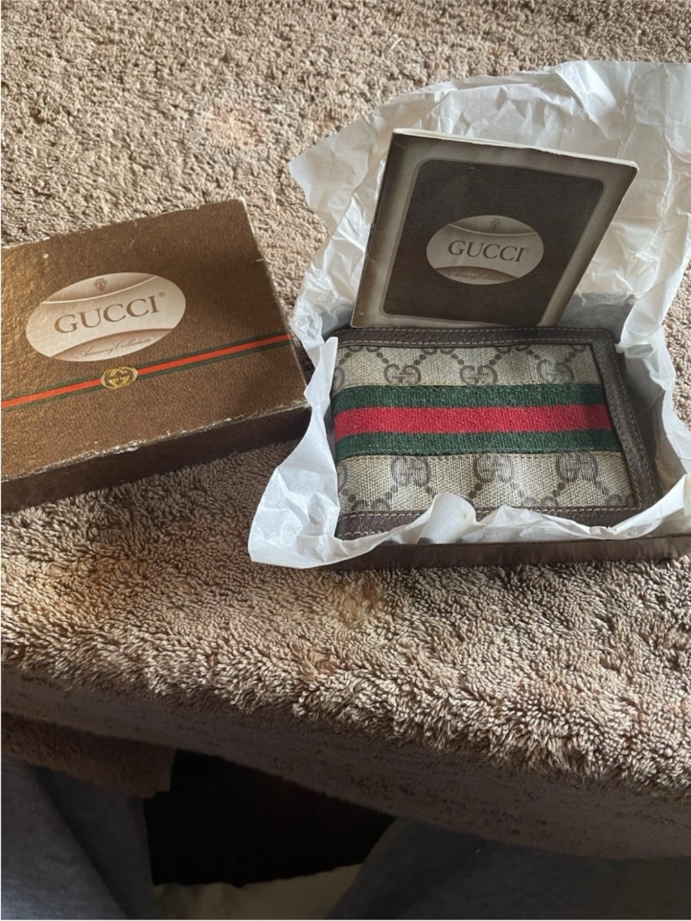 A Used Gucci Beige GG Canvas Money Clip with Green and Red Web Stripe